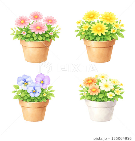 春の花鉢 水彩風イラスト セット 春の花鉢 水彩風イラスト セット 135064956