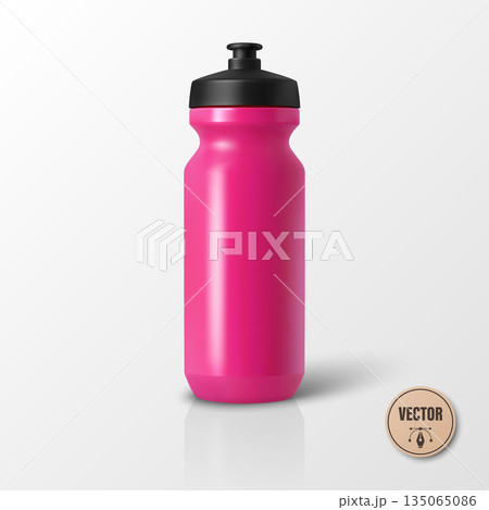 Vector 3d Realistic Pink Sports Water Bottle Mockup Isolated. Blank Plastic Cycling Water Bottle with Black Cap. Water Bottle Template. Vector Sport Bottle for Fitness, Gym, Branding, Packaging Design 135065086
