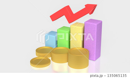 Financial Profit Growth Concept with Stacked Coins Bar Chart and Rising Arrow 3d render. 135065135
