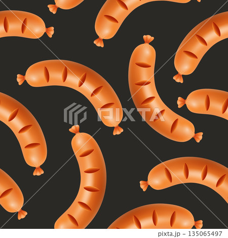 Vector Seamless Sausage Pattern Background with Grilled Sausages, Hot Dog Links on Black. Cute Food Texture for BBQ Menu, Butcher Shop Packaging, Kitchen Wallpaper, Party Design Vector Seamless Sausage Pattern Background with Grilled Sausages, Hot Dog Links on Black. Cute Food Texture for BBQ Menu, Butcher Shop Packaging, Kitchen Wallpaper, Party Design 135065497