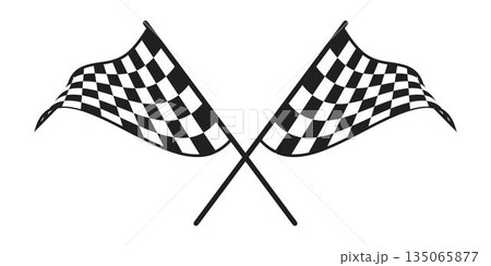 Two crossed race flags with chequered black and white print. Start or finish symbol on sport car competition. Rally, karting or motocross props. Victory or success sign. Vector graphic illustration 135065877