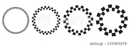 Set of round frames with black and white checkered print. Vignettes with race flag or chessboard pattern. Circular geometric frameworks. Vector graphic illistration Set of round frames with black and white checkered print. Vignettes with race flag or chessboard pattern. Circular geometric frameworks. Vector graphic illistration 135065879