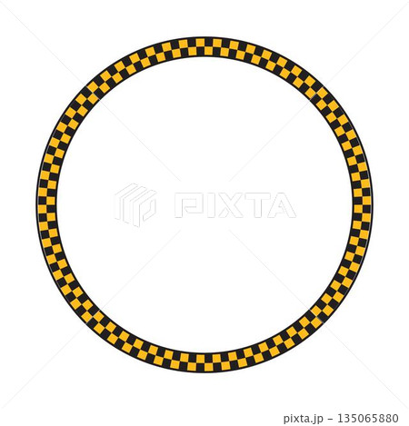 Round taxi or police frame with black and yellow chequered pattern isolated on white background. Circular vignette with checkerboard print. Circle shaped framework. Vector flat illistration 135065880