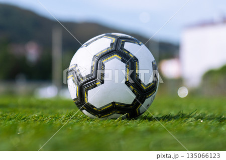 Close-up soccer ball on green grass Close-up soccer ball on green grass 135066123