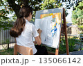 On the street, under the open sky, a young girl paints with a brush on a large board. 135066142