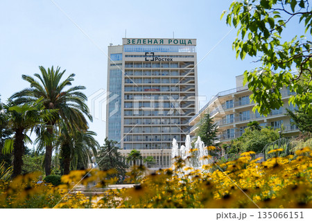 A picturesque view of the Green Grove Sanatorium nestled in the scenic resort city of Sochi, Russia. 135066151