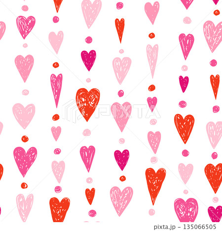 Cute vector seamless pattern with pink and red doodle hand painted hearts and dots on white, Romantic Valentine's Day love background 135066505