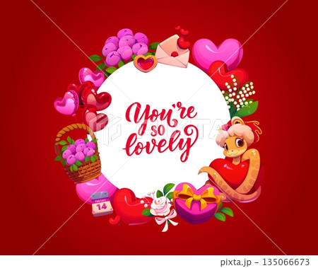 You are so lovely, Valentine day quote banner with heart balloons and snake, vector background. Valentine day love holiday greeting with frame of hearts, gifts and flowers with message envelope 135066673
