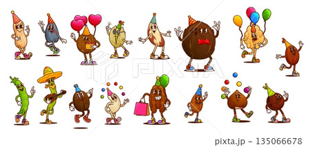 Groovy nut and legume characters with birthday party balloons and gifts, cartoon vector. Funny groovy coconut, walnut and almond in birthday hat, legume bean in sombrero and peanut with birthday cake Groovy nut and legume characters with birthday party balloons and gifts, cartoon vector. Funny groovy coconut, walnut and almond in birthday hat, legume bean in sombrero and peanut with birthday cake 135066678