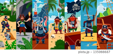Caribbean corsair and pirate cartoon characters on tropical island and ship wreck. Bearded pirates with swords, treasure hunters, sailors with hooks, captain with hat, wooden leg and treasure chest 135066687