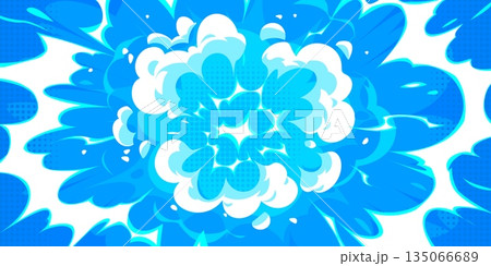 Cartoon manga anime battle effect blue background. Dynamic explosion with smoke clouds, light beams and dotted halftone texture in comic style. Bright vector energetic, powerful burst pop art effect 135066689