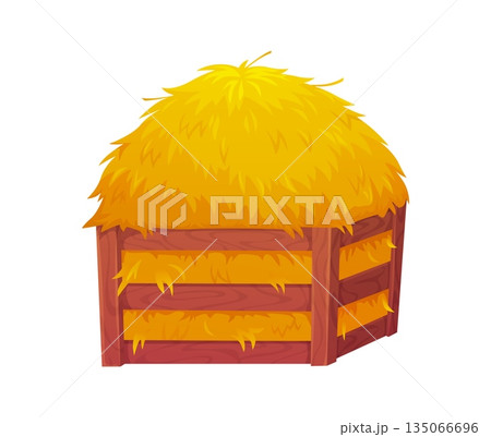 Cartoon wooden storage container filled with a large pile of golden yellow hay. Vector rustic farm straw harvest, symbol of agriculture and countryside living, rural or agricultural autumn decorations Cartoon wooden storage container filled with a large pile of golden yellow hay. Vector rustic farm straw harvest, symbol of agriculture and countryside living, rural or agricultural autumn decorations 135066696