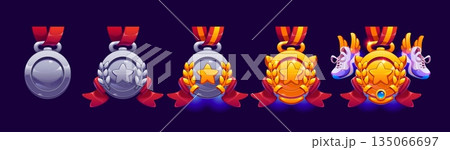 Athletics game rank badge, sport award. Vector set of cartoon game reward medals with stars, ribbons, laurels and running shoes. Silver and gold achievement ui icons for player competition ranking Athletics game rank badge, sport award. Vector set of cartoon game reward medals with stars, ribbons, laurels and running shoes. Silver and gold achievement ui icons for player competition ranking 135066697