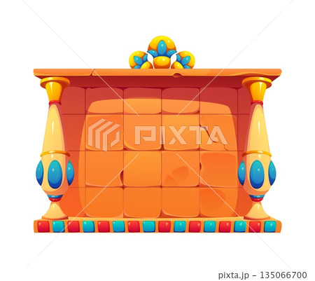 Ancient Egypt game frame, antique Egyptian stone board with carved square blocks with cracks, decorated golden pillar columns and blue oval gems. Ancient vector frame includes crown of jewels on top 135066700