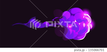 Cartoon magic purple smoke effect with glowing light and magic energy burst. Vector vfx blast for game or animation, comic boom cloud with sparkle, dust, isolated abstract trail, glow power cloud haze 135066701