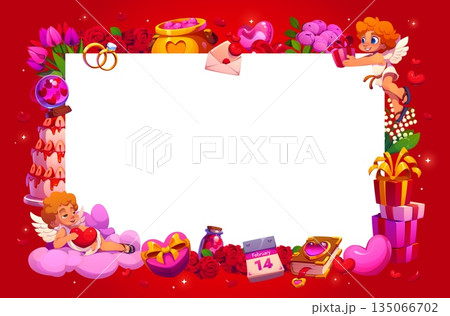 Happy Valentine day holiday frame greeting card with cupids, hearts, roses, gifts, and sweet treats surrounding a blank white center on a vibrant red background. Vector template for romantic messages Happy Valentine day holiday frame greeting card with cupids, hearts, roses, gifts, and sweet treats surrounding a blank white center on a vibrant red background. Vector template for romantic messages 135066702