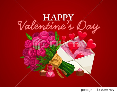 Happy Valentine day greeting card with hearts and flowers, vector background. Valentine day or love holiday greeting card with love message envelope, chocolate heart candy sweets and flowers bunch Happy Valentine day greeting card with hearts and flowers, vector background. Valentine day or love holiday greeting card with love message envelope, chocolate heart candy sweets and flowers bunch 135066705