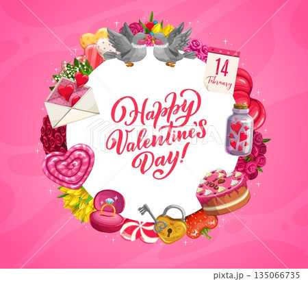 Happy Valentine day greeting banner with flowers, kissing doves and love hearts, vector poster. Valentine day love holiday greeting card with heart candy, wedding ring and love message envelope Happy Valentine day greeting banner with flowers, kissing doves and love hearts, vector poster. Valentine day love holiday greeting card with heart candy, wedding ring and love message envelope 135066735