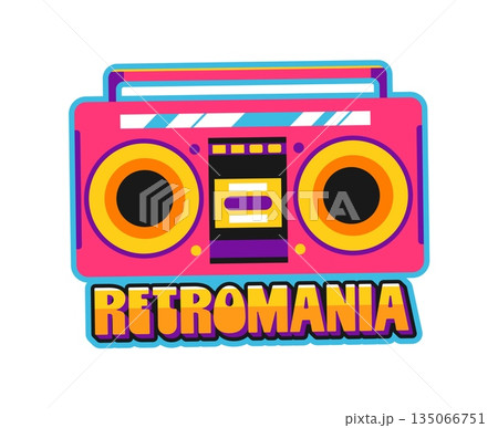 Music retromania Y2K groovy sticker or patch. Musical melody vector patch, radio audio record groovy Y2K tag. Festival concert sticker or label with pink cassette player and colorful typography 135066751