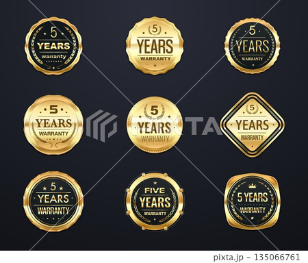 Golden warranty vector badge labels and stamps, certificate and product service seals with laurel wreaths, stars, crowns and golden metallic texture. Product packaging, service guarantee, store badges Golden warranty vector badge labels and stamps, certificate and product service seals with laurel wreaths, stars, crowns and golden metallic texture. Product packaging, service guarantee, store badges 135066761