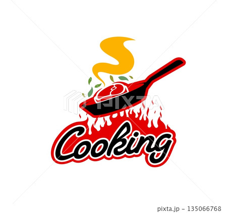 Restaurant WOG menu pan cook icon or emblem. Culinary cooking utensil emblem, cafe WOG pan meal vector label. Restaurant menu badge with handwritten typography, fire flame and meat cooking in pan Restaurant WOG menu pan cook icon or emblem. Culinary cooking utensil emblem, cafe WOG pan meal vector label. Restaurant menu badge with handwritten typography, fire flame and meat cooking in pan 135066768