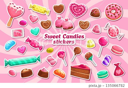 Valentine day sweets and candies stickers pack of heart caramels and pink desserts, vector set. Valentine day or love holiday stickers of chocolate cake with berry marmalade, ice cream macaroons 135066782