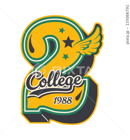 Varsity sport patch label of number 2 for college league or team club, vector emblem. Varsity sport patch badge with number Two, stars and wings for university champion players club t shirt print 135066791