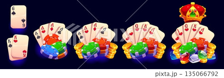 Casino poker game rank badges and gambling awards for jackpot bingo, vector set. Casino game ranking badges with poker cards and gambling chips with aces and golden crown with gems for bingo jackpot Casino poker game rank badges and gambling awards for jackpot bingo, vector set. Casino game ranking badges with poker cards and gambling chips with aces and golden crown with gems for bingo jackpot 135066792