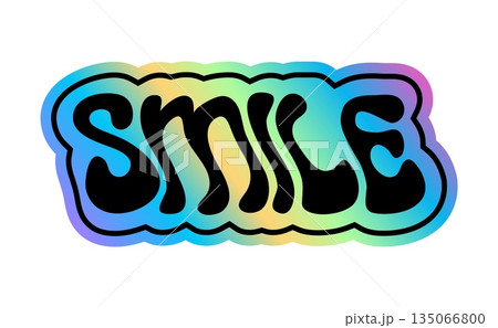 Smile hologram retro Y2K sticker or symbol. Gradient chrome foil vintage patch, metallic color hologram 60s Y2K vector tag. Glossy iridescent sticker or label with abstract typography text 135066800