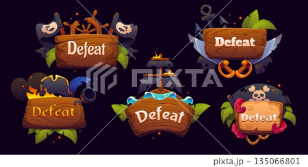 Defeat pirate and corsair game frame icons asset, vector UI elements. Cartoon burning pirate ship, anchor and wheel, crossbones flag and hat defeat game icons with wood sign boards and fire sparks Defeat pirate and corsair game frame icons asset, vector UI elements. Cartoon burning pirate ship, anchor and wheel, crossbones flag and hat defeat game icons with wood sign boards and fire sparks 135066801