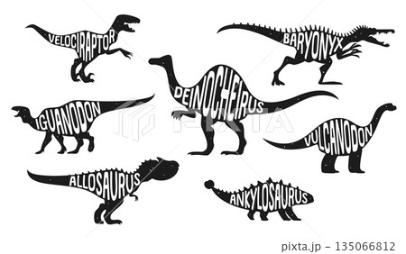 Dinosaur silhouette shapes with name text as Velociraptor, Allosaurus, Iguanodon and Deinocheirus, Ankylosaurus, Baryonyx and Vulcanodon. Jurassic and Cretaceous vector reptiles for posters, t shirts 135066812