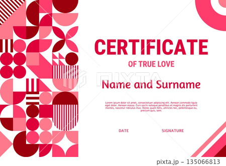 Certificate template with geometric valentine pattern. Vector appreciation certificate of true love with abstract pink and red shapes. Diploma for corporate, educational, or special recognition events 135066813