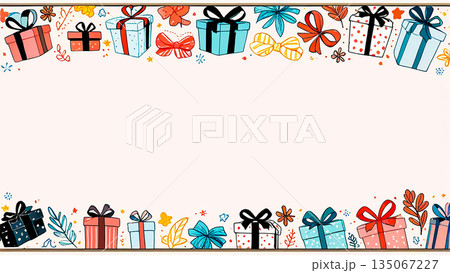 カラフルなギフトボックスとリボンのフレーム 手書き風イラスト カラフルなギフトボックスとリボンのフレーム 手書き風イラスト 135067227