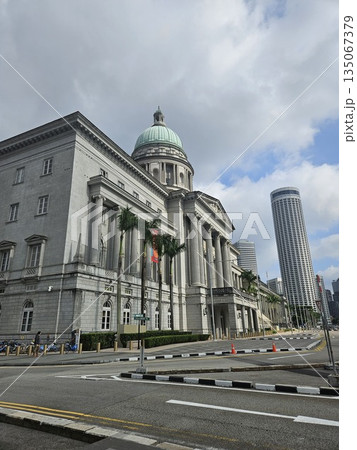 The National Gallery Singapore showcases neoclassical grandeur with Corinthian columns, a central dome, and art banners, blending colonial heritage, cultural prestige, and urban elegance. 135067379
