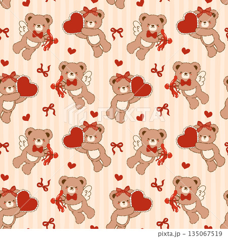 Coquette Valentine seamless pattern vintage Teddy Bears Cupid Striped Retro Shabby Chic Preppy Printable Background 135067519
