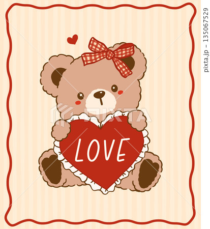 Kawaii Vintage Valentine Teddy Bear Girl Hugging Heart Riffon Nostalgia Cartoon Doodle Hand Drawn 135067529