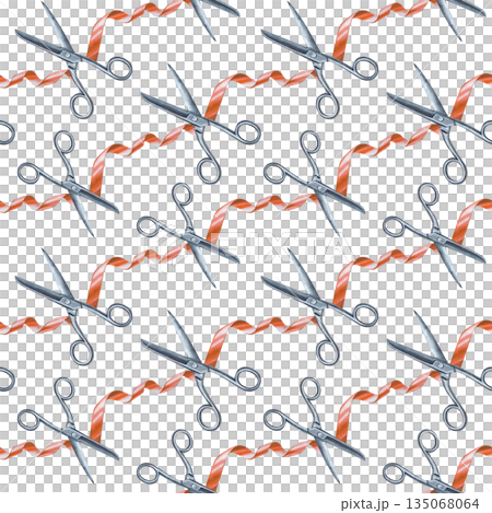 Diagonal seamless pattern with iron scissors cutting the red ribbon. Watercolor illustration on an isolated background. A home work tool and a dressmaker's tool. Realistic background for packaging 135068064