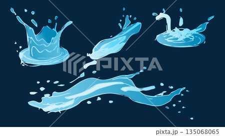 Dynamic liquid water splash with falling droplet, crashing sea wave and swirling eddies. For advertising web design or marketing visuals. Vector illustration. Dynamic liquid water splash with falling droplet, crashing sea wave and swirling eddies. For advertising web design or marketing visuals. Vector illustration. 135068065