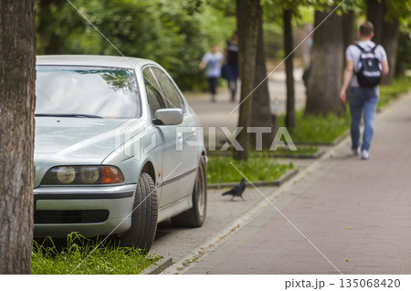 Car parked in pedestrian zone under trees along street with walking people on summer day. 135068420