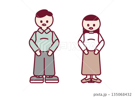 自分のぽっこりお腹を見ている太った男女のイラスト 135068432