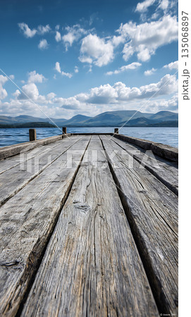 Weathered Dock Leads to Tranquil Lake Under Cloudy Blue Sky 135068897