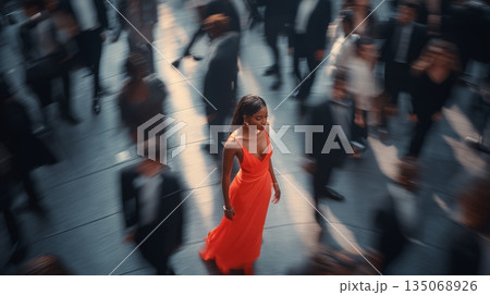 Woman in red dress walks through crowd of people in a busy urban area during the day 135068926