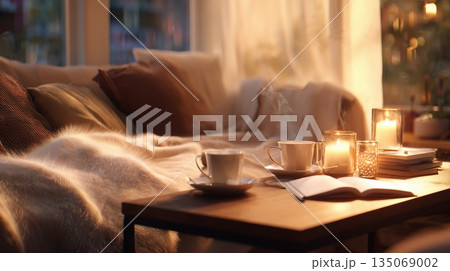 Soft morning setting with coffee cups and candles on a wooden table near a cozy couch 135069002