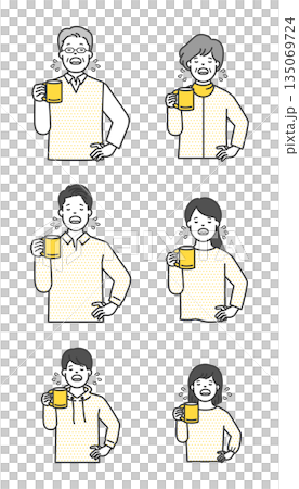 コップを持ってガラガラうがいをする人のイラストベクター素材セット 135069724