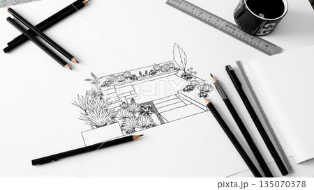 Drawing of the project of landscape design, improvement of the communal area, the territory of a country house Drawing of the project of landscape design, improvement of the communal area, the territory of a country house 135070378
