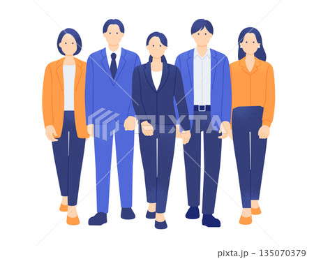 未来へ向かって歩く若手のビジネスパーソン。スーツとオフィスカジュアルの男女5人組イラスト素材。 135070379