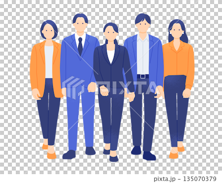 未来へ向かって歩く若手のビジネスパーソン。スーツとオフィスカジュアルの男女5人組イラスト素材。 135070379