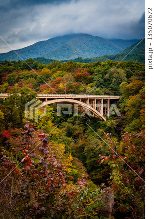 宮城県 曇天の鳴子峡 秋の紅葉と渓谷風景 宮城県 曇天の鳴子峡 秋の紅葉と渓谷風景 135070672