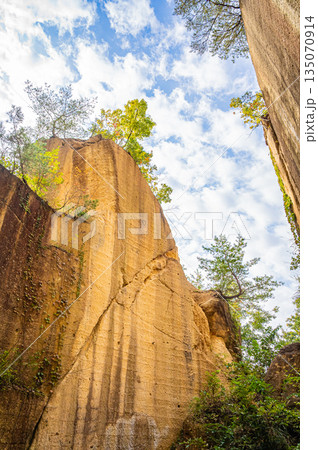 山形県　瓜割石庭公園（石切場跡）の秋の紅葉と岩壁の絶景 135070914