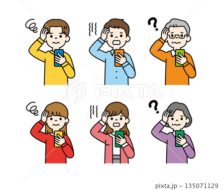 スマホを見て困る・悩む・頭を抱える、様々な年齢の人々のベクターイラスト素材セット_カラー スマホを見て困る・悩む・頭を抱える、様々な年齢の人々のベクターイラスト素材セット_カラー 135071129